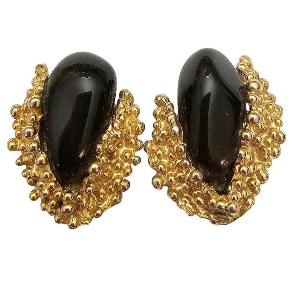 Swoboda Brutalist Black Stone Clip On Earrings Signed, C802